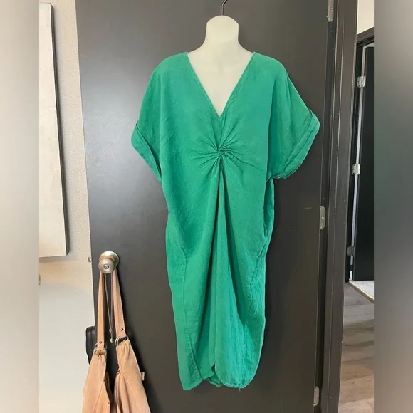 Venti6 Green Women's linen dress or Swim Cover-Up caftan garden cottage - Picture 2 of 8